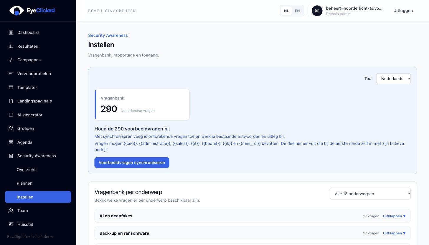 EyeClicked vragenbank per onderwerp met fictieve demonstratiegegevens