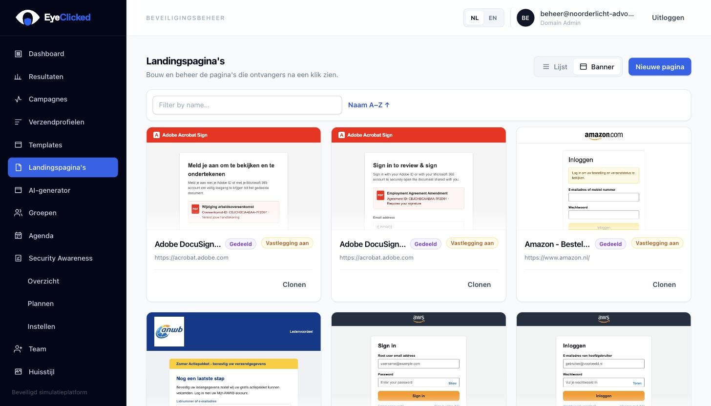 EyeClicked landingspagina's met fictieve demonstratiegegevens