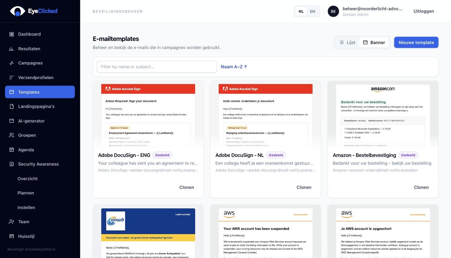 EyeClicked templatebibliotheek met fictieve demonstratiegegevens