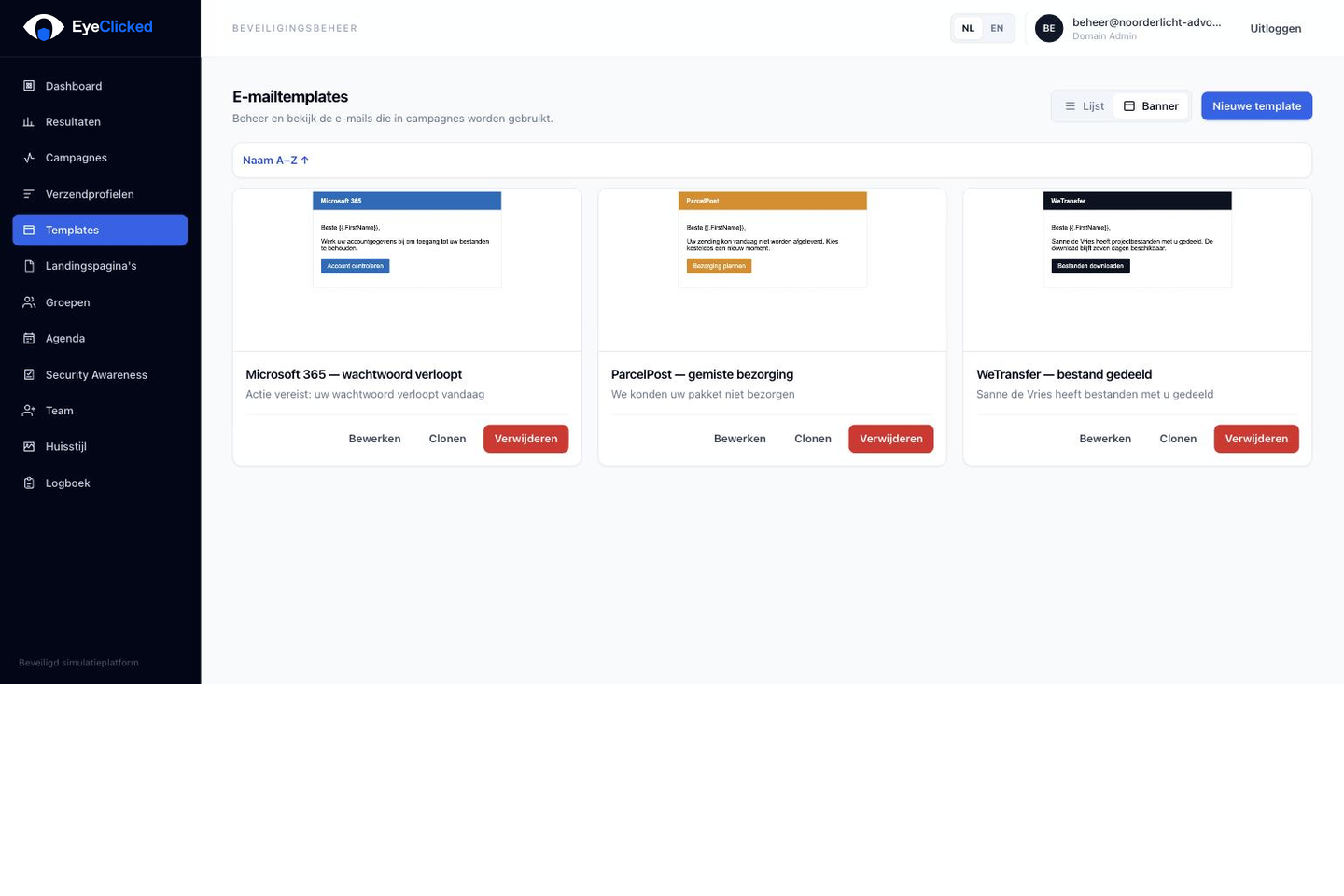 EyeClicked templateoverzicht met fictieve phishingtemplates